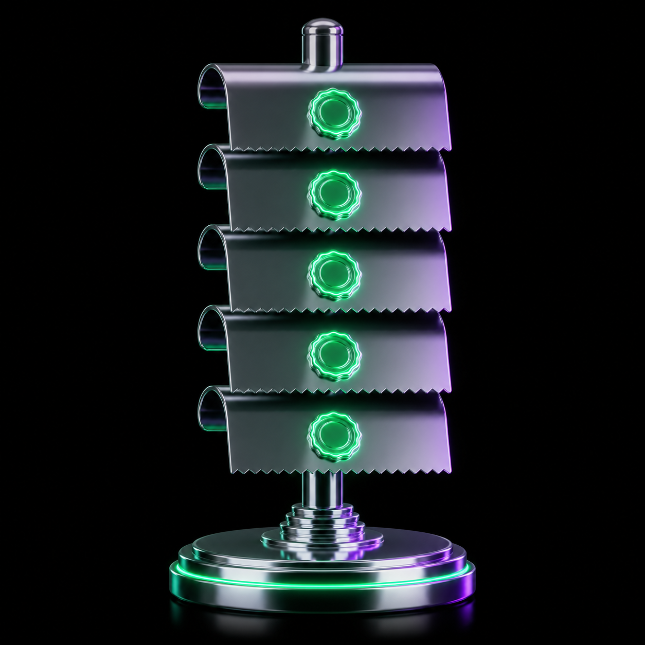 A chrome receipt spindle holding five stacked metallic receipts, each carrying a small glowing emerald seal.