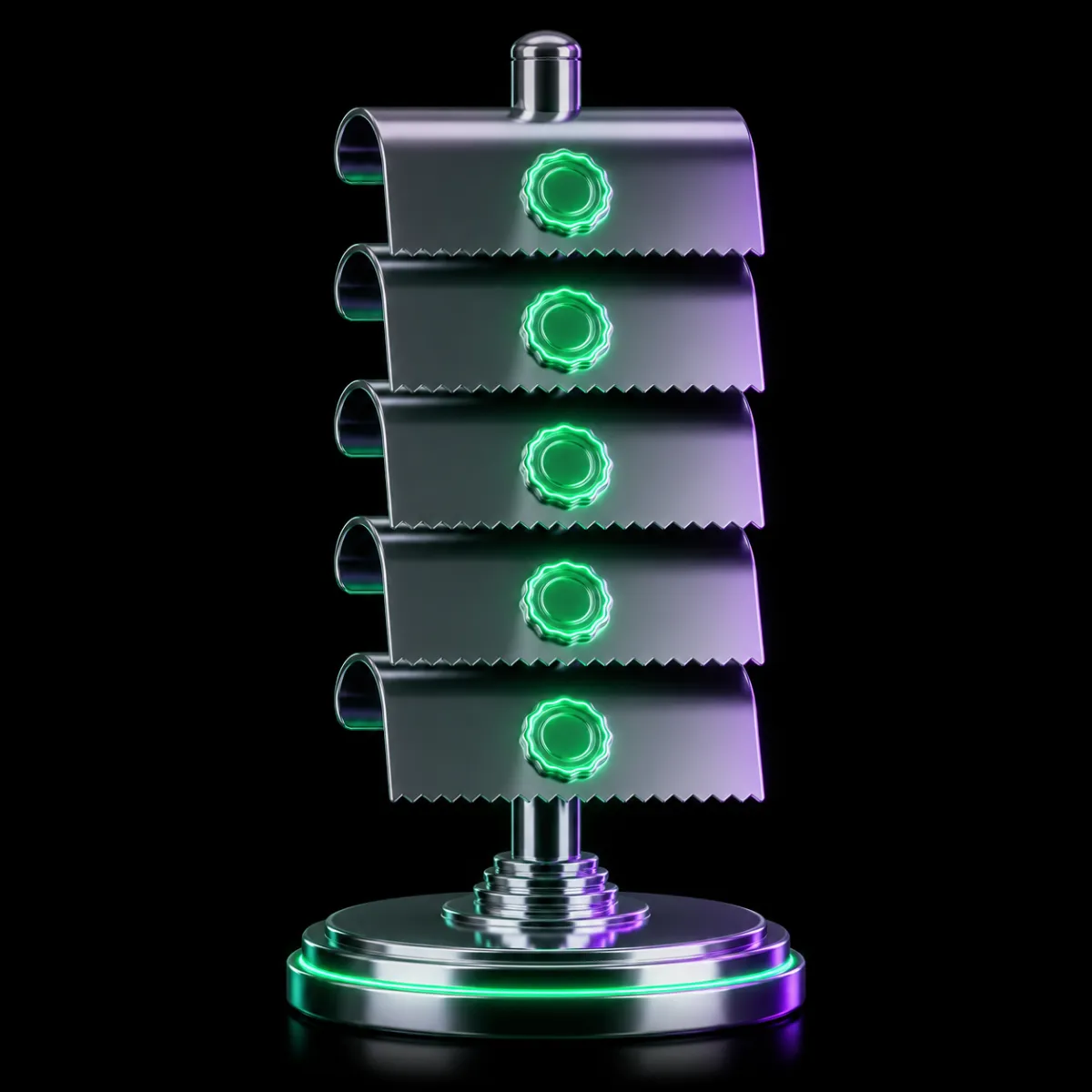 A chrome receipt spindle holding five stacked metallic receipts, each carrying a small glowing emerald seal.