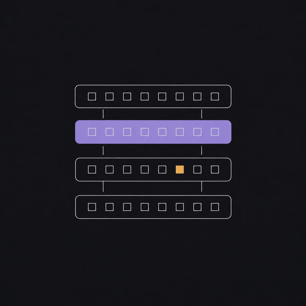 A stack of four thin hairline-outlined horizontal slabs like the layers of a data centre, joined by short vertical lines, with one slab filled lavender and one small square filled amber.