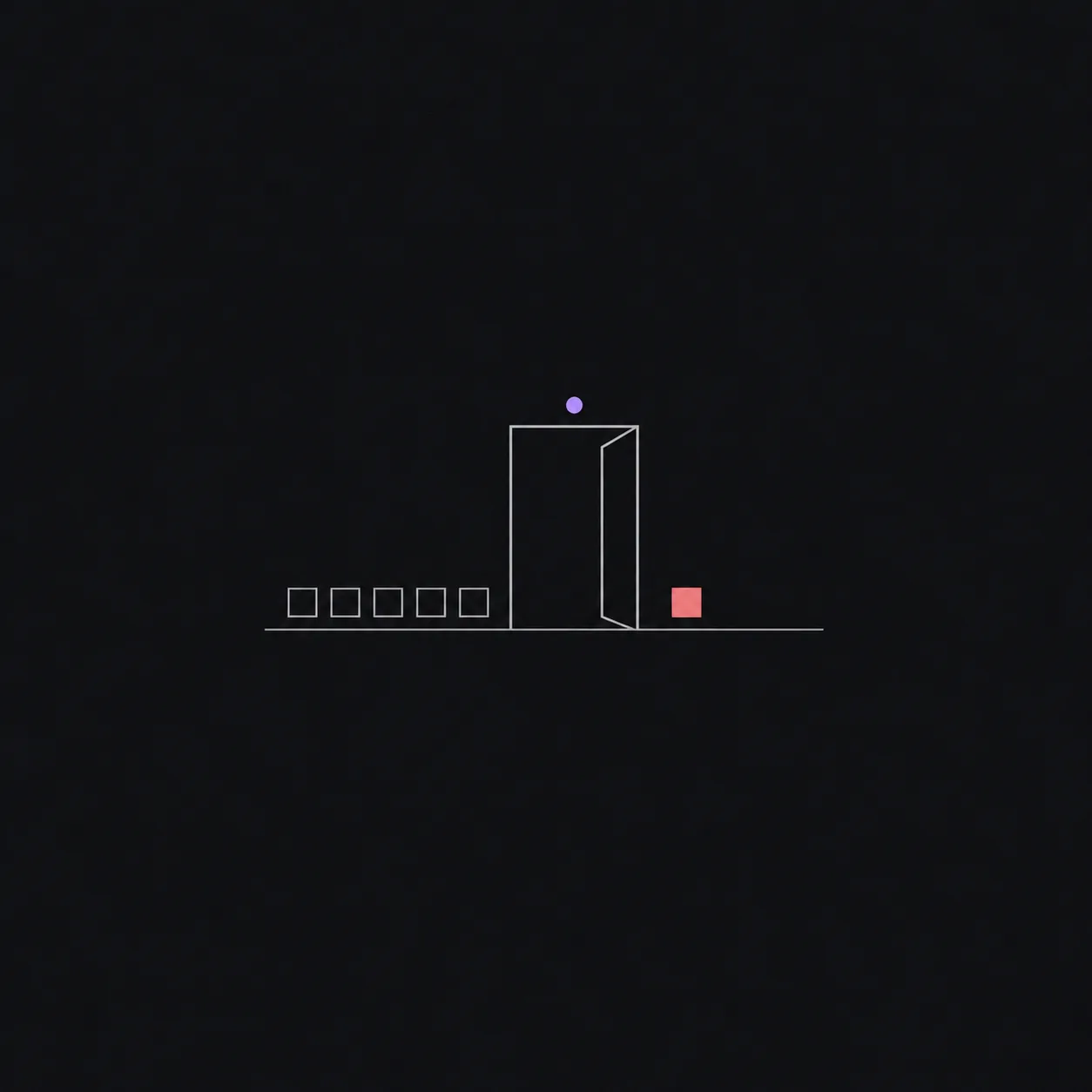 A hairline-outlined open doorway standing on a thin baseline, with a row of five outlined squares waiting on its left and one square already through on the right, filled flat coral, under a small lavender dot.