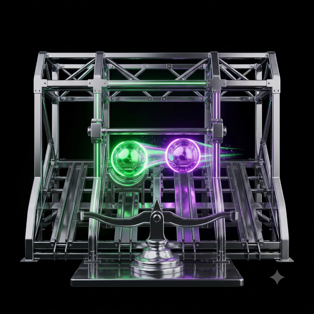 A glossy chrome finish-line gate with two glowing orbs passing through it, illustrating the final two megacap earnings reports closing out the biggest week of the season.