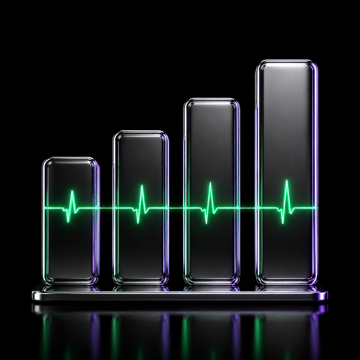 Four glossy chrome bar-chart columns of rising height on a reflective black base, an emerald-green heartbeat line pulsing straight through all of them, illustrating a market reading its own pulse through the biggest week on the calendar.