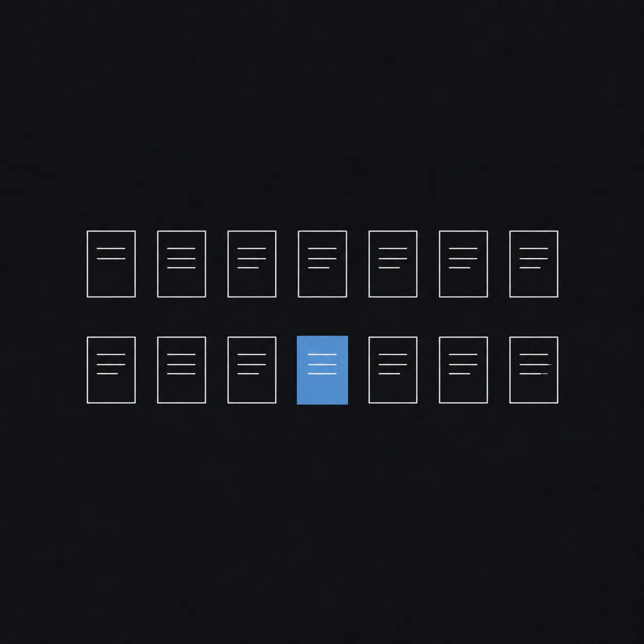Fourteen small outlined rectangles like filed forms in two rows of seven on a dark background, thirteen of them left as outlines and one filled flat slate blue.