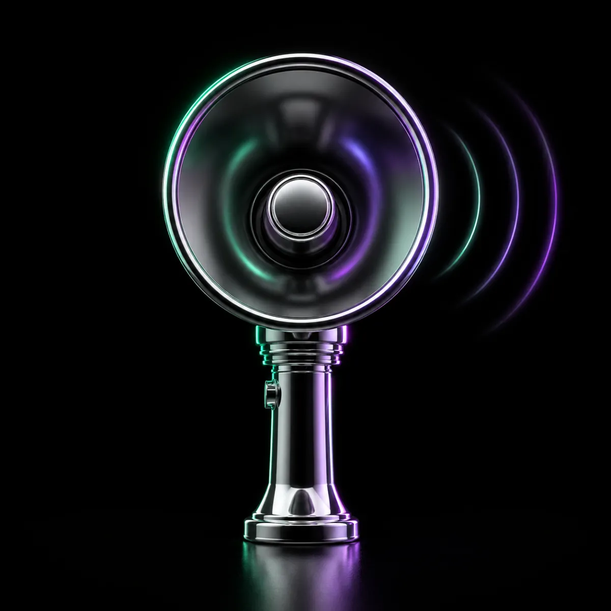 A glossy chrome megaphone standing upright but powered down, with faint fading concentric sound rings dissolving beside it, illustrating a once-loud account that went silent.
