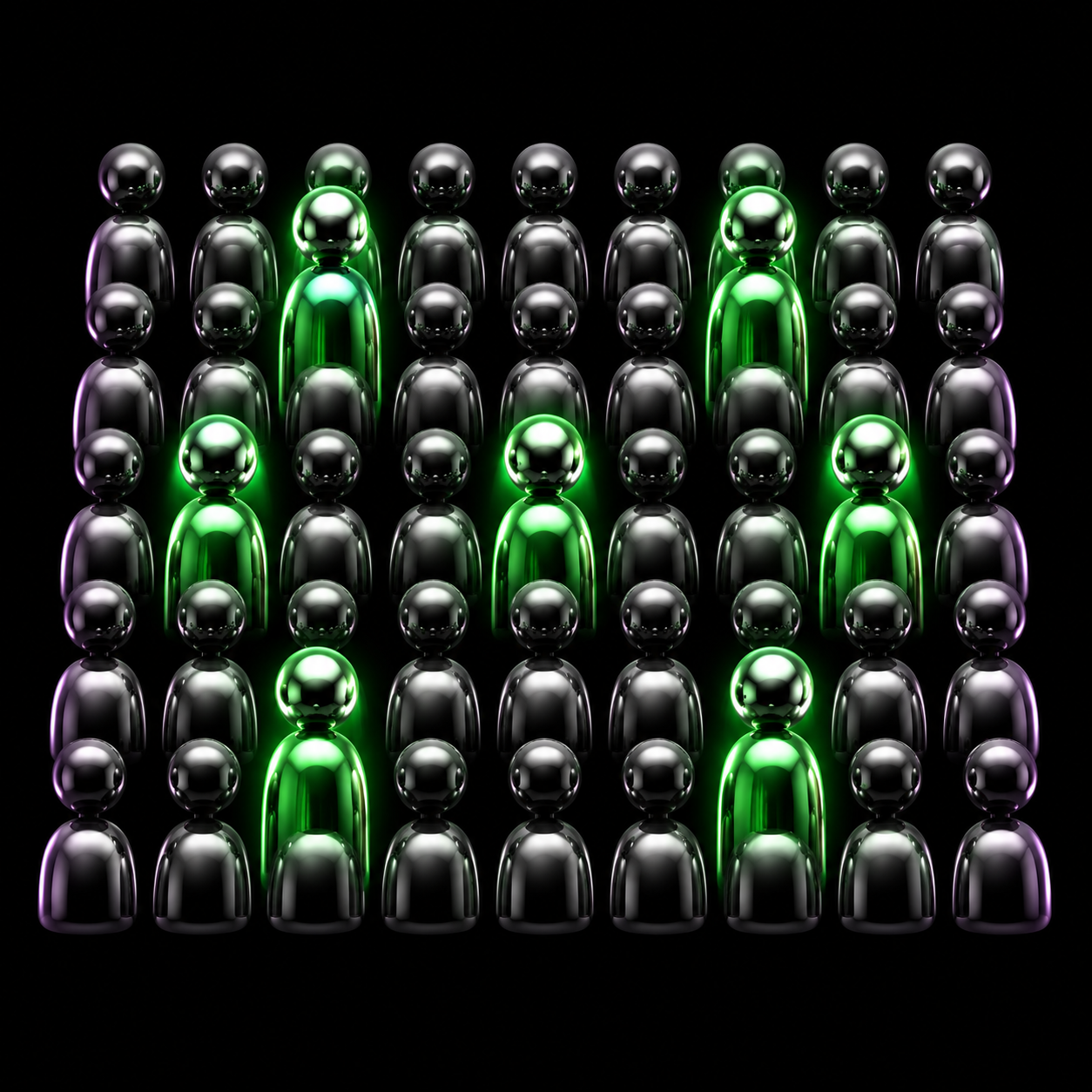 A glossy crowd of dim grey avatars with a few bright chrome-and-green ones lit up among them, illustrating a small credible minority carrying the signal.
