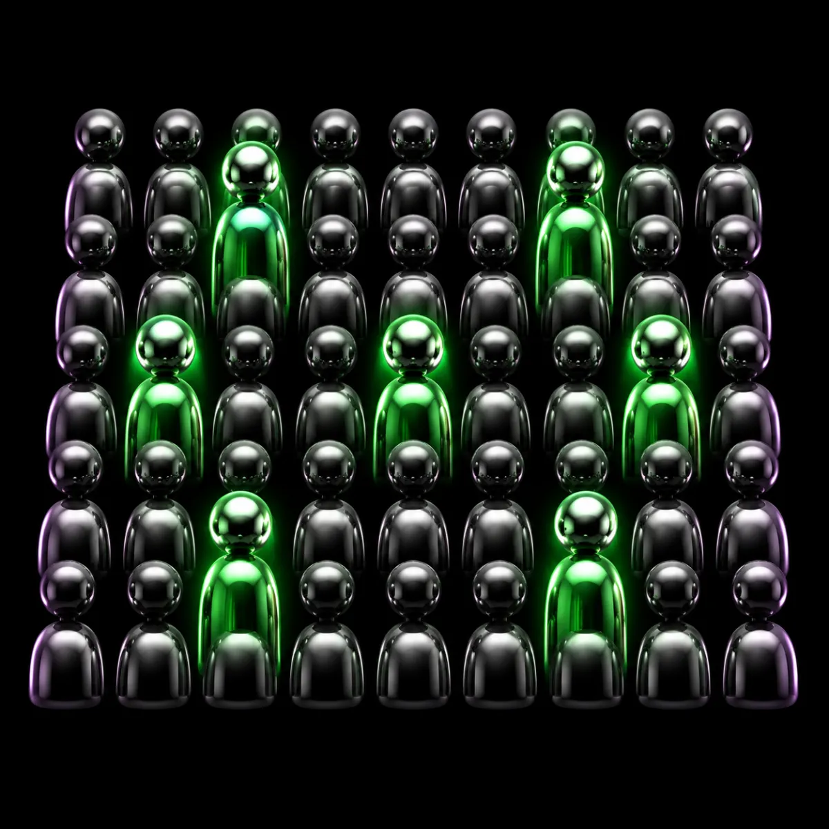 A glossy crowd of dim grey avatars with a few bright chrome-and-green ones lit up among them, illustrating a small credible minority carrying the signal.