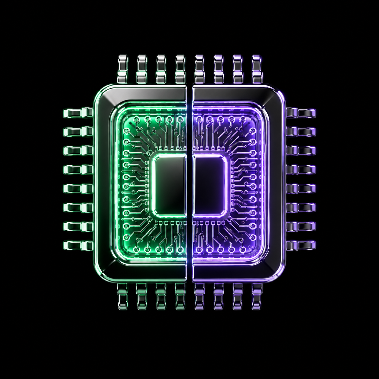 A glossy chrome computer chip split cleanly down the middle, one half glowing emerald-green and the other violet against a pure black background, illustrating a stock the crowd is evenly divided on.