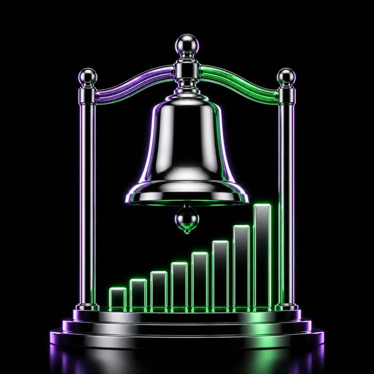 A glossy chrome opening bell mounted over a rising neon bar chart, illustrating the start of earnings season.
