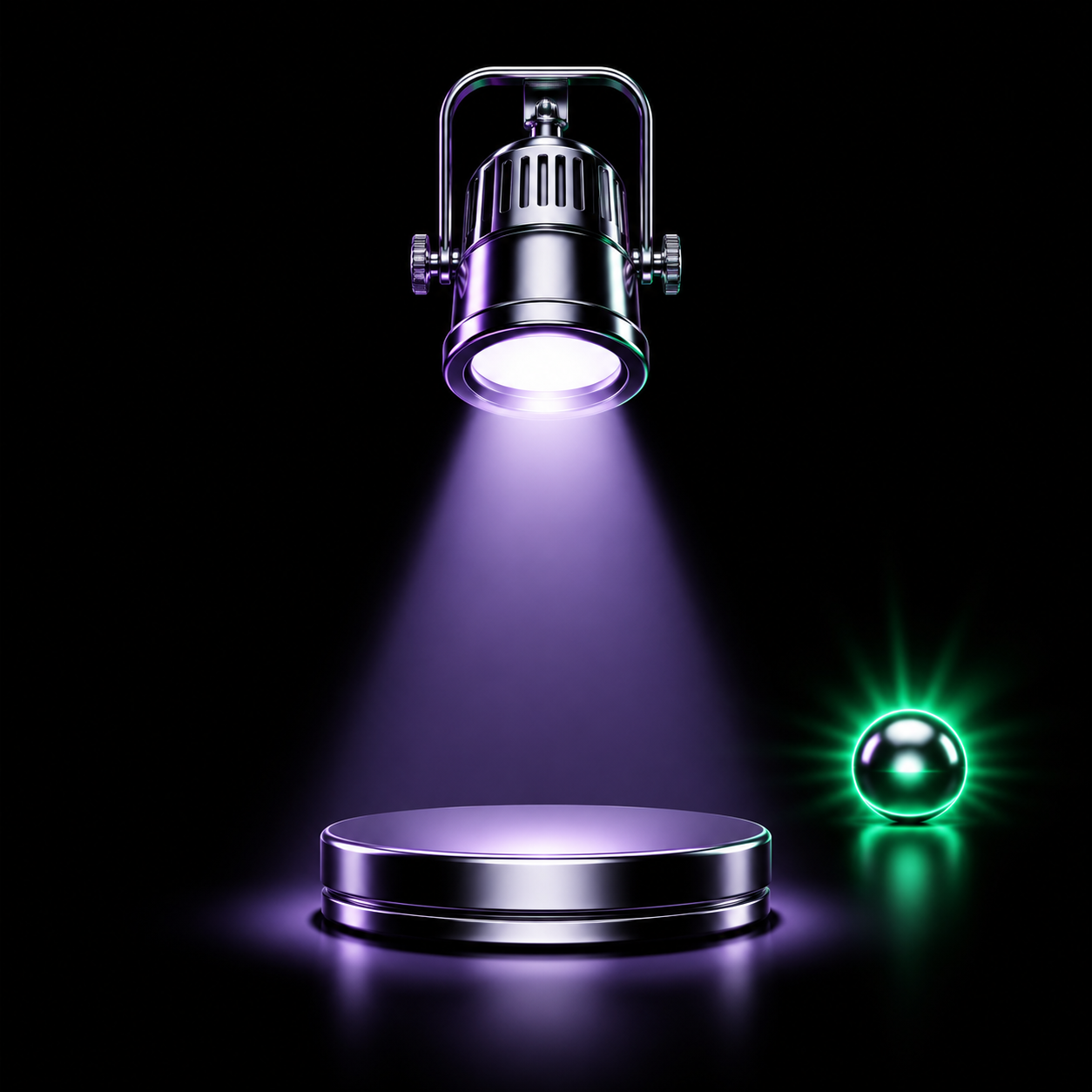 A glossy chrome spotlight beam pointed at an empty pedestal while a smaller object glows brightly off to the side, out of the light, illustrating the crowd's attention sitting away from the headline names.