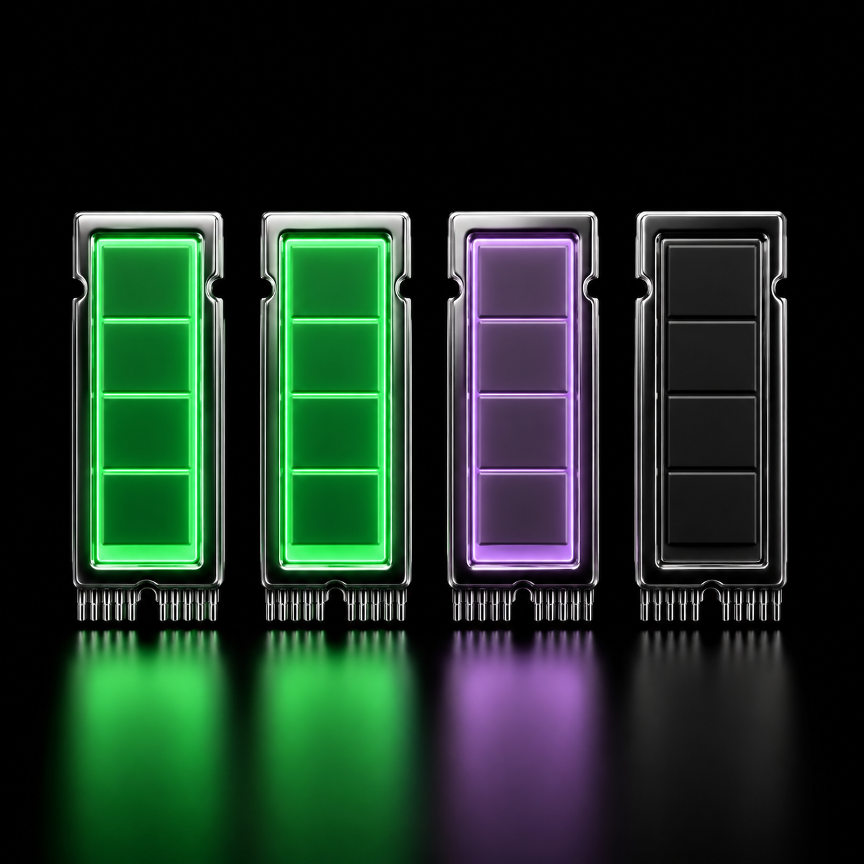 Four upright chrome memory chips in a row, the first two glowing bright emerald green, the third dim violet, the fourth dark and unlit.