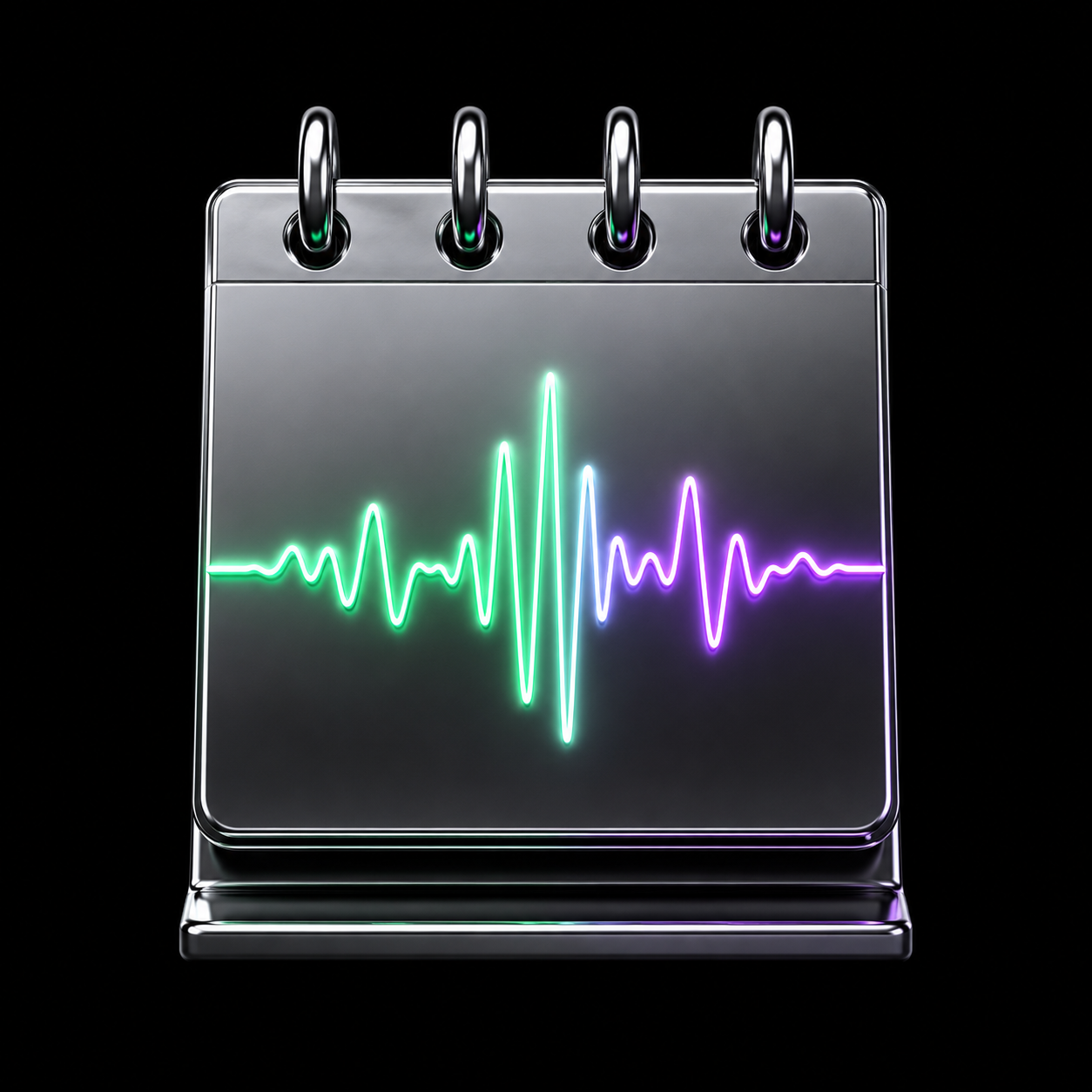 A glossy chrome desk calendar with a glowing signal waveform running across its face, marking a week of mentions against scores.