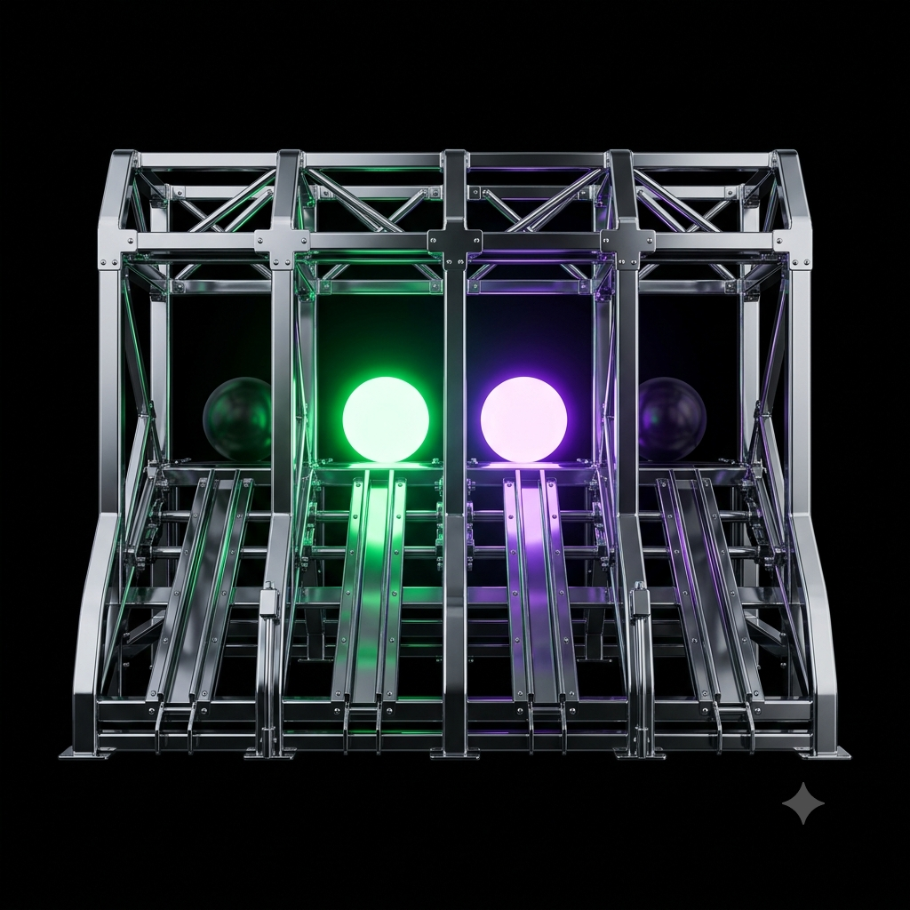 A glossy chrome starting gate with four lanes and four glowing orbs poised behind it, the front two lit brightest, waiting to launch, illustrating four megacaps lined up to report earnings in the same week.