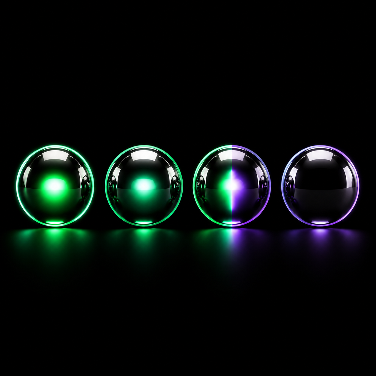 Four identical chrome spheres in a row, each glowing a different intensity, from bright emerald green down to cold dark violet.