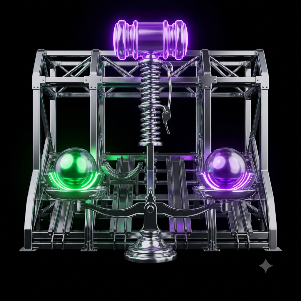 Two glossy chrome spheres balanced on the pans of a scale beneath a large glowing chrome gavel held in the moment before it drops, illustrating two megacap earnings reports waiting on a Fed decision.