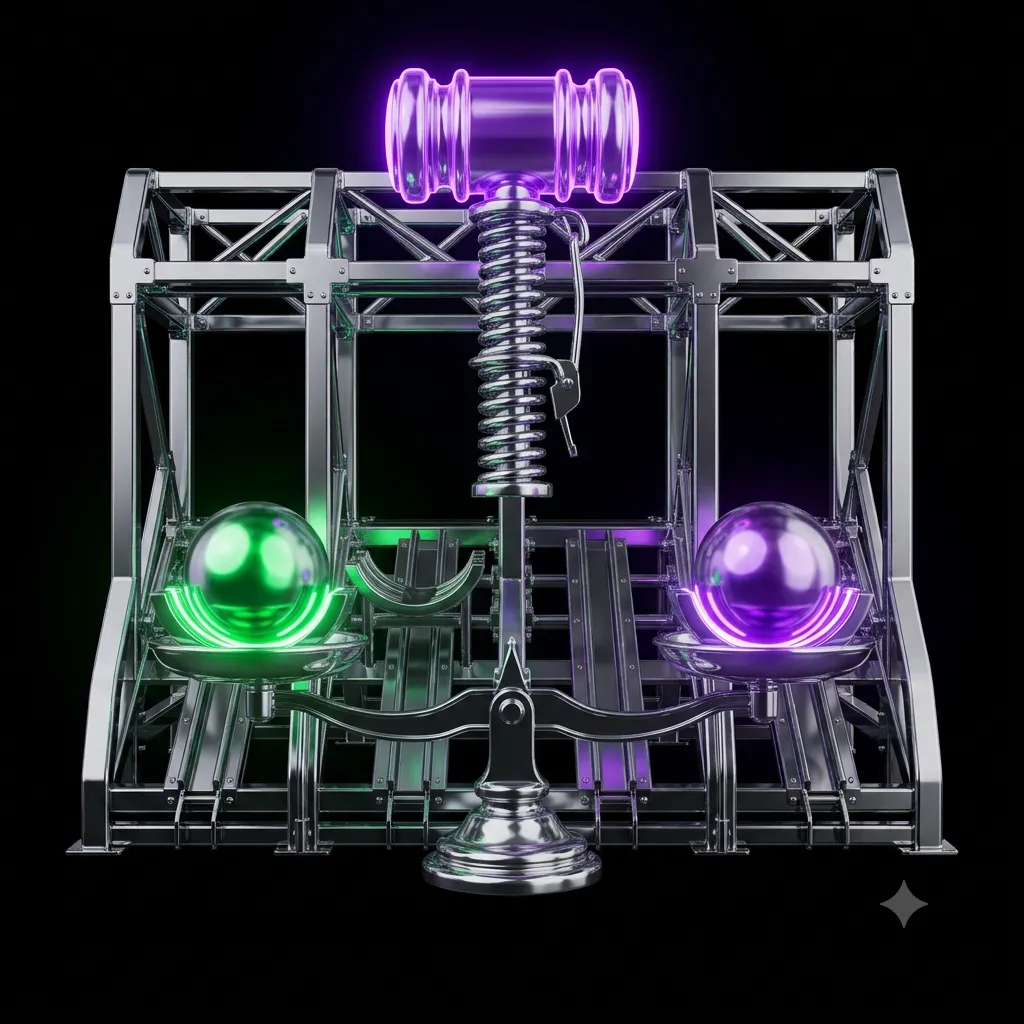 Two glossy chrome spheres balanced on the pans of a scale beneath a large glowing chrome gavel held in the moment before it drops, illustrating two megacap earnings reports waiting on a Fed decision.