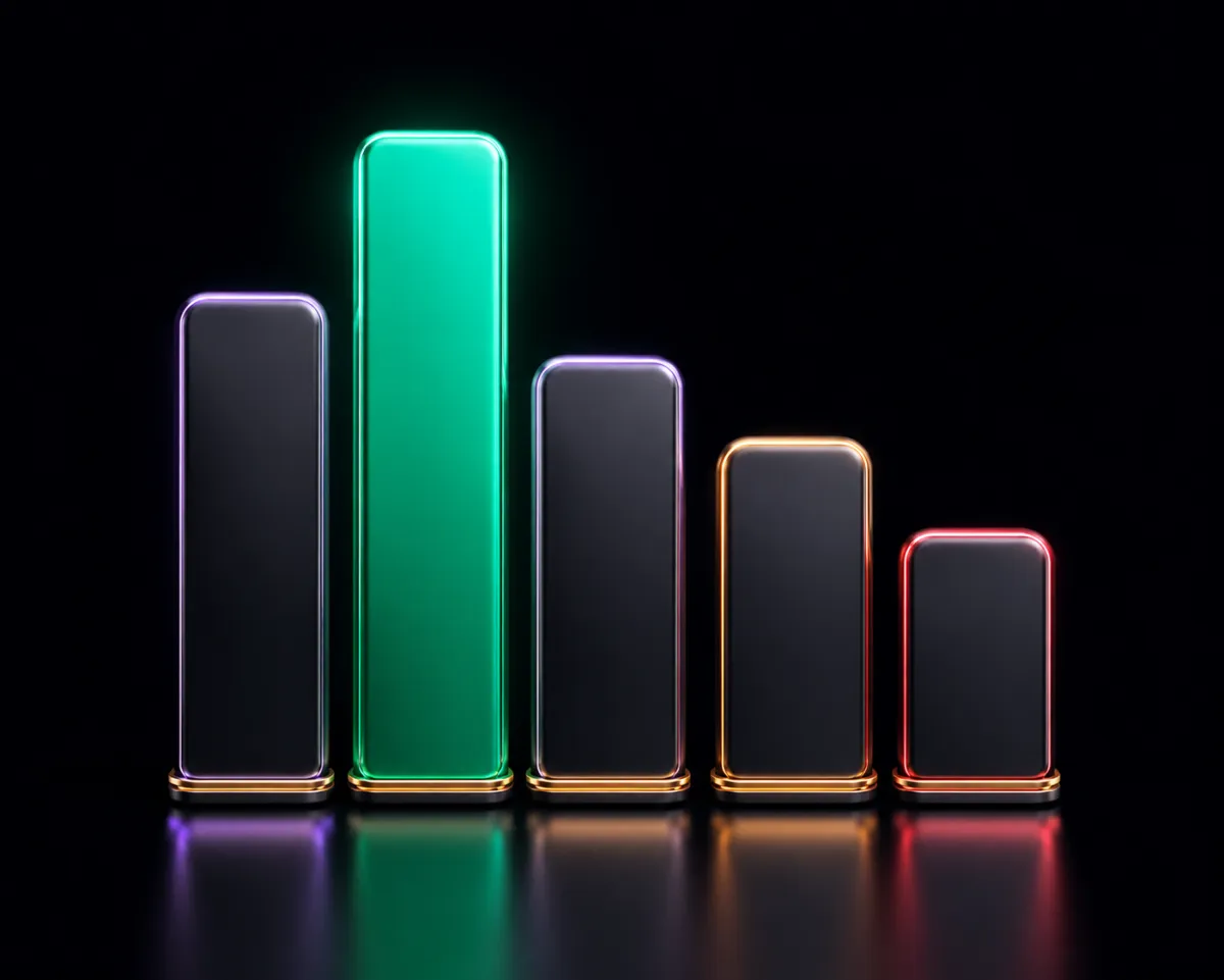 A glossy leaderboard of stacked ticker tiles, the tallest one glowing brightest, illustrating the loudest names of the week.