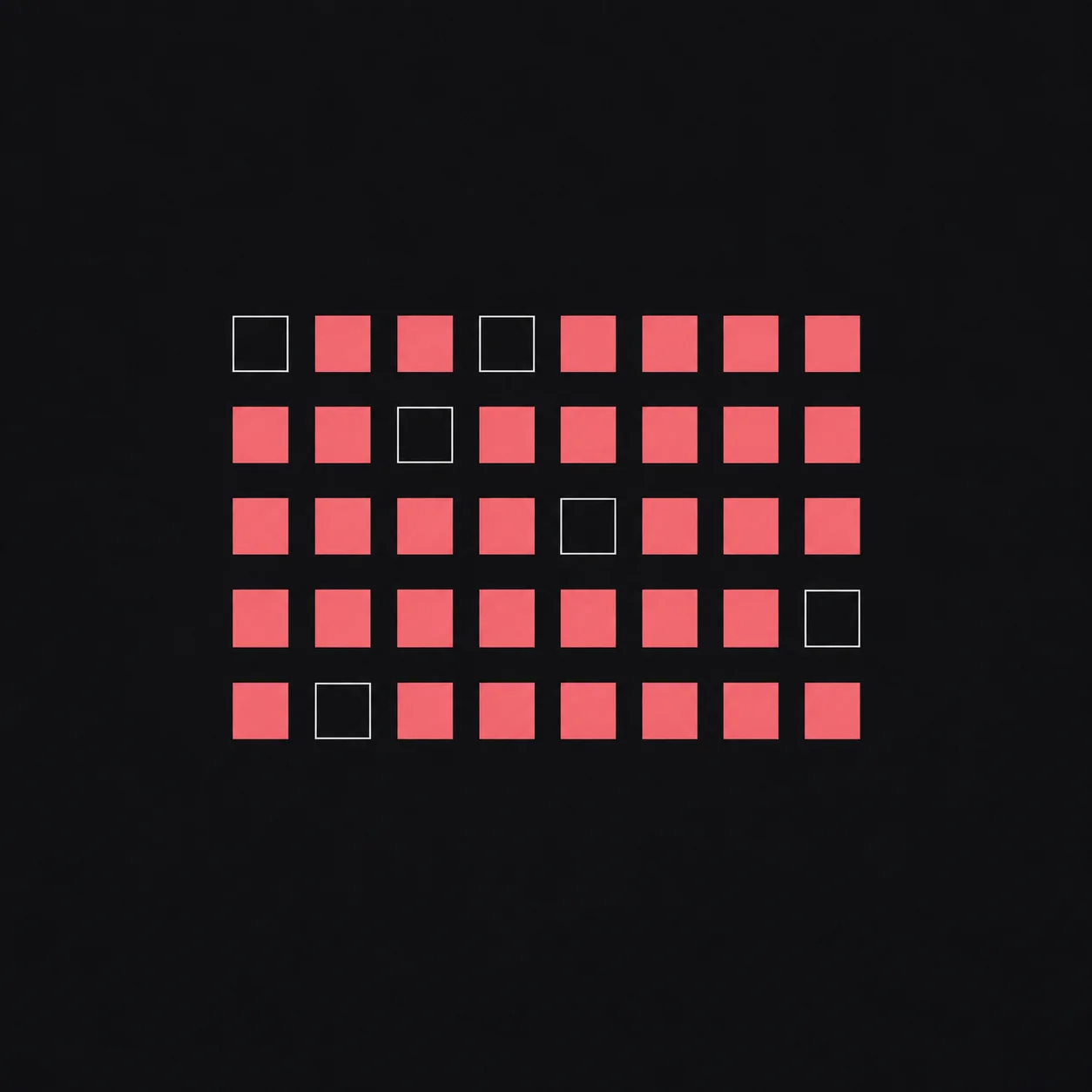 A neat grid of forty small squares in five rows, thirty-five filled flat muted coral and five left as plain hairline outlines, on a dark charcoal background.