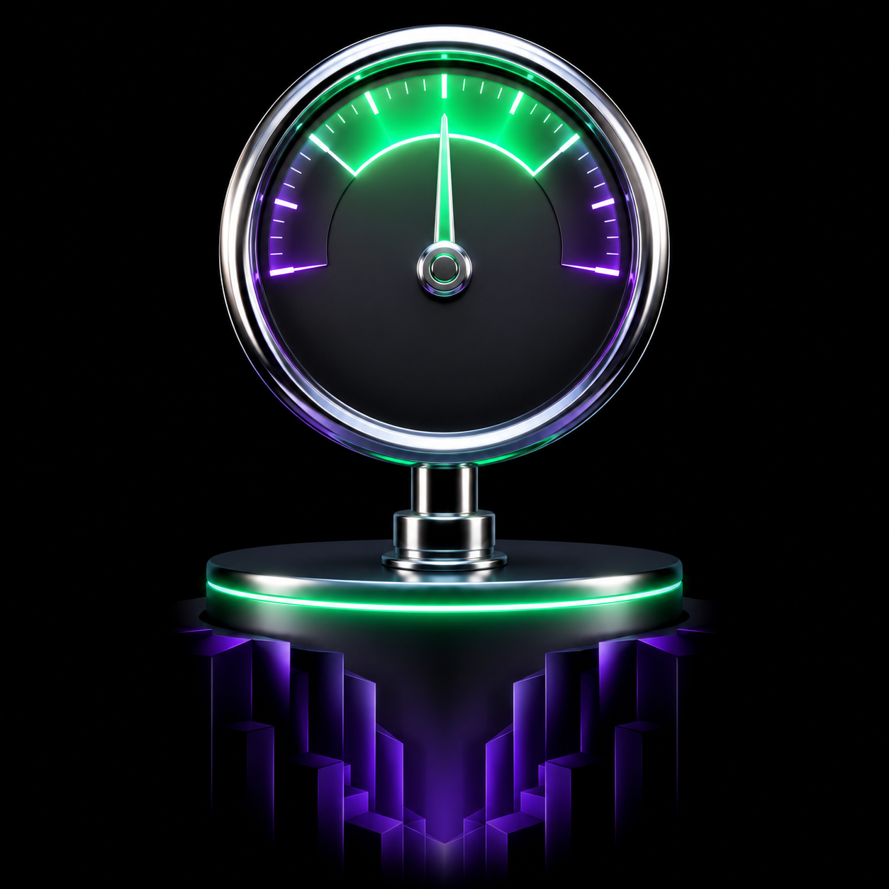 A chrome pressure gauge with its needle held steady in the emerald zone while the platform beneath it drops away into violet shadow.