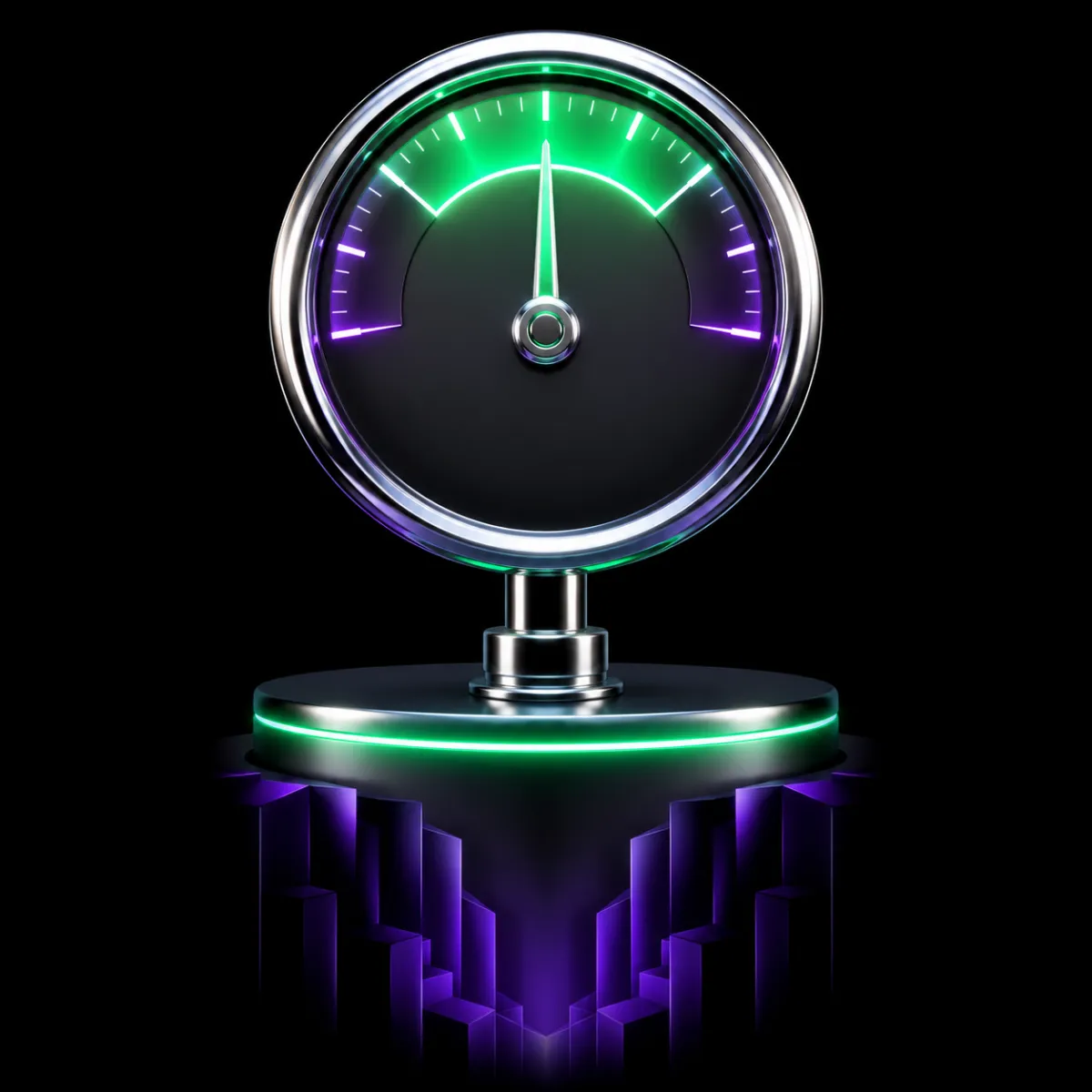 A chrome pressure gauge with its needle held steady in the emerald zone while the platform beneath it drops away into violet shadow.