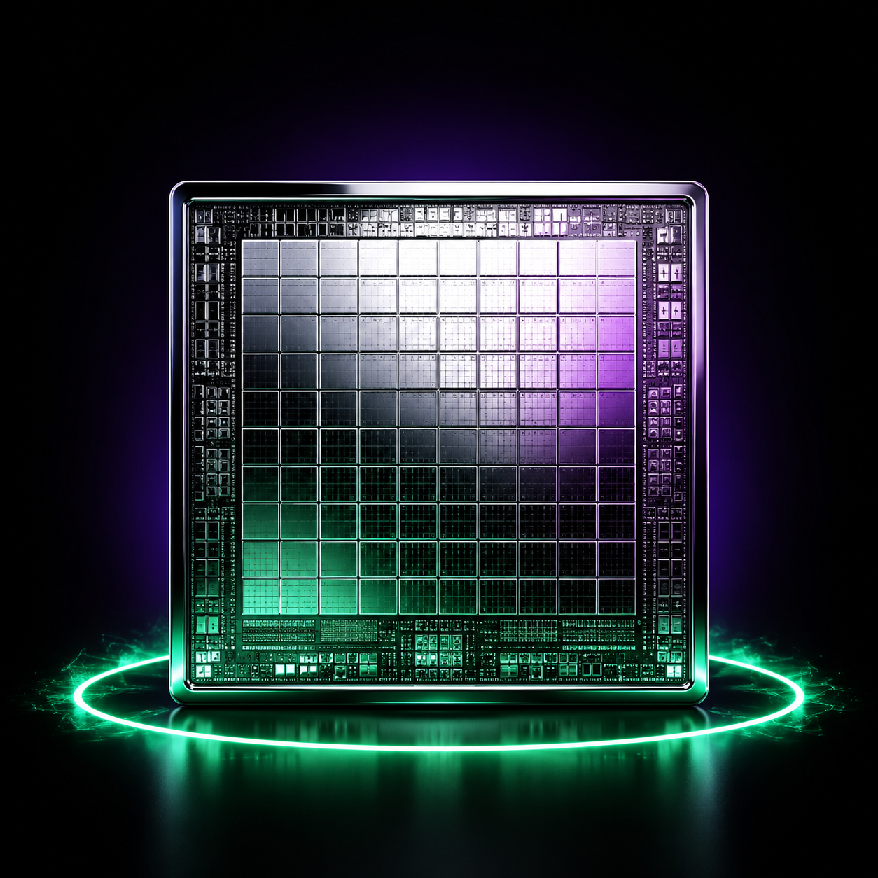 A single massive chrome GPU die standing upright on a dark reflective stage, a ring of emerald light charging around its base against a violet dusk, the moment before a reveal.