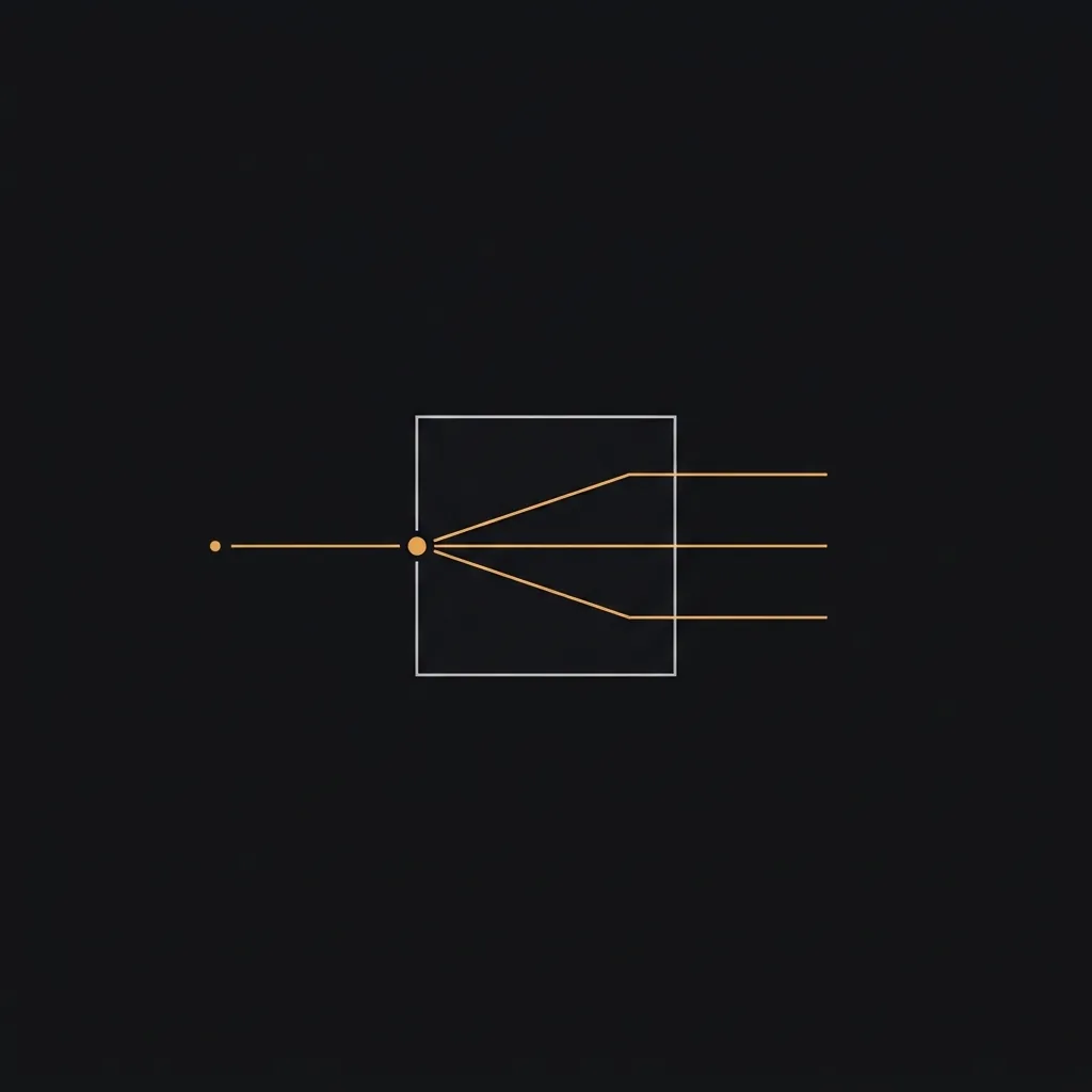 A thin amber line with a small dot enters a hairline square from the left and splits inside it into three parallel amber lines that exit on the right, on a dark background.