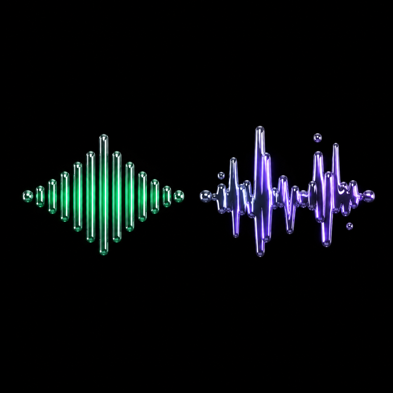 Two glossy chrome sound-wave forms side by side against a pure black background, one tight and symmetrical in emerald green, the other jagged and scattered in violet, illustrating two crowds reacting to the same kind of event in opposite shapes.