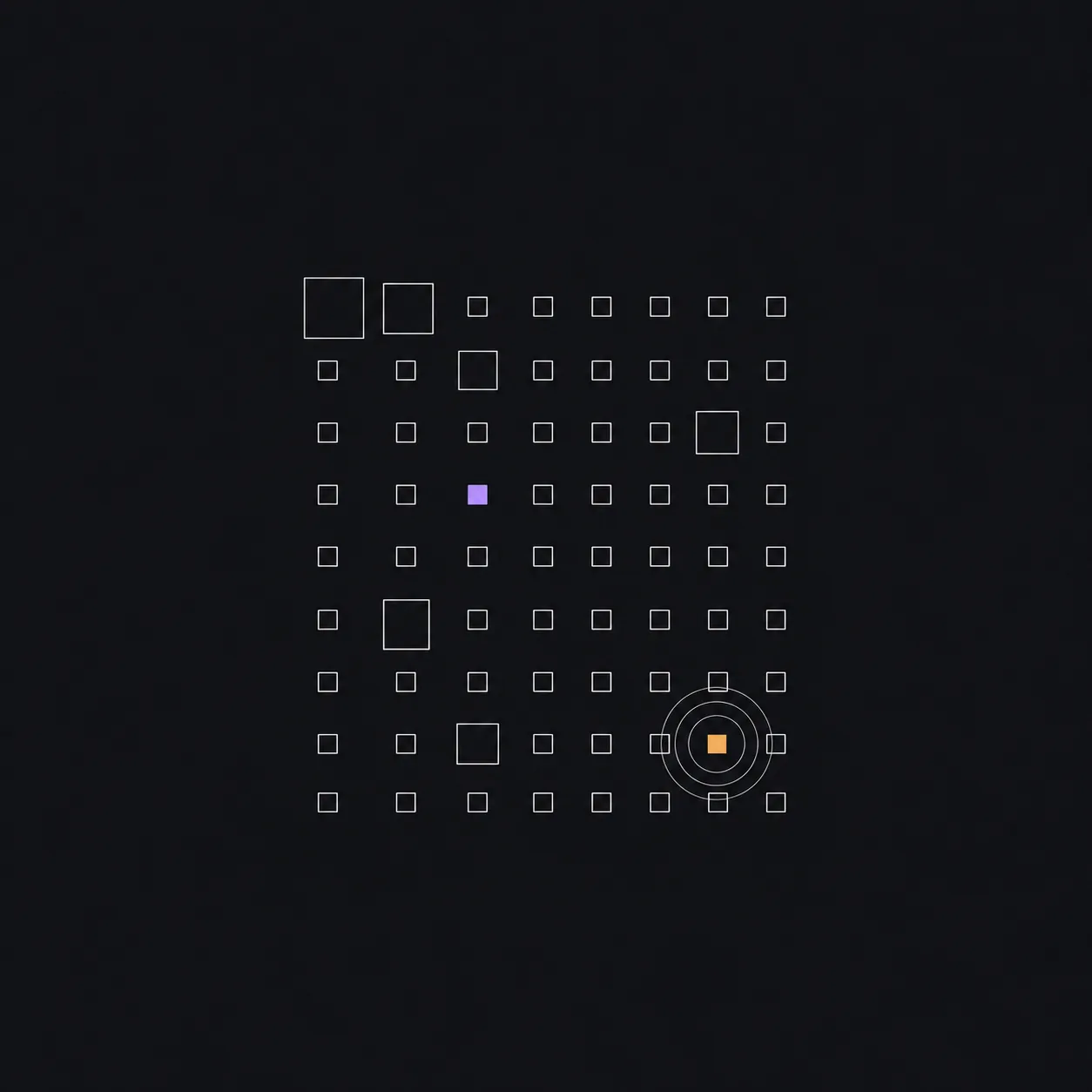A grid of small hairline-outlined squares on a dark background, a few larger ones near the top left, one small amber square near the lower right with three thin rings radiating from it, and one small lavender square.