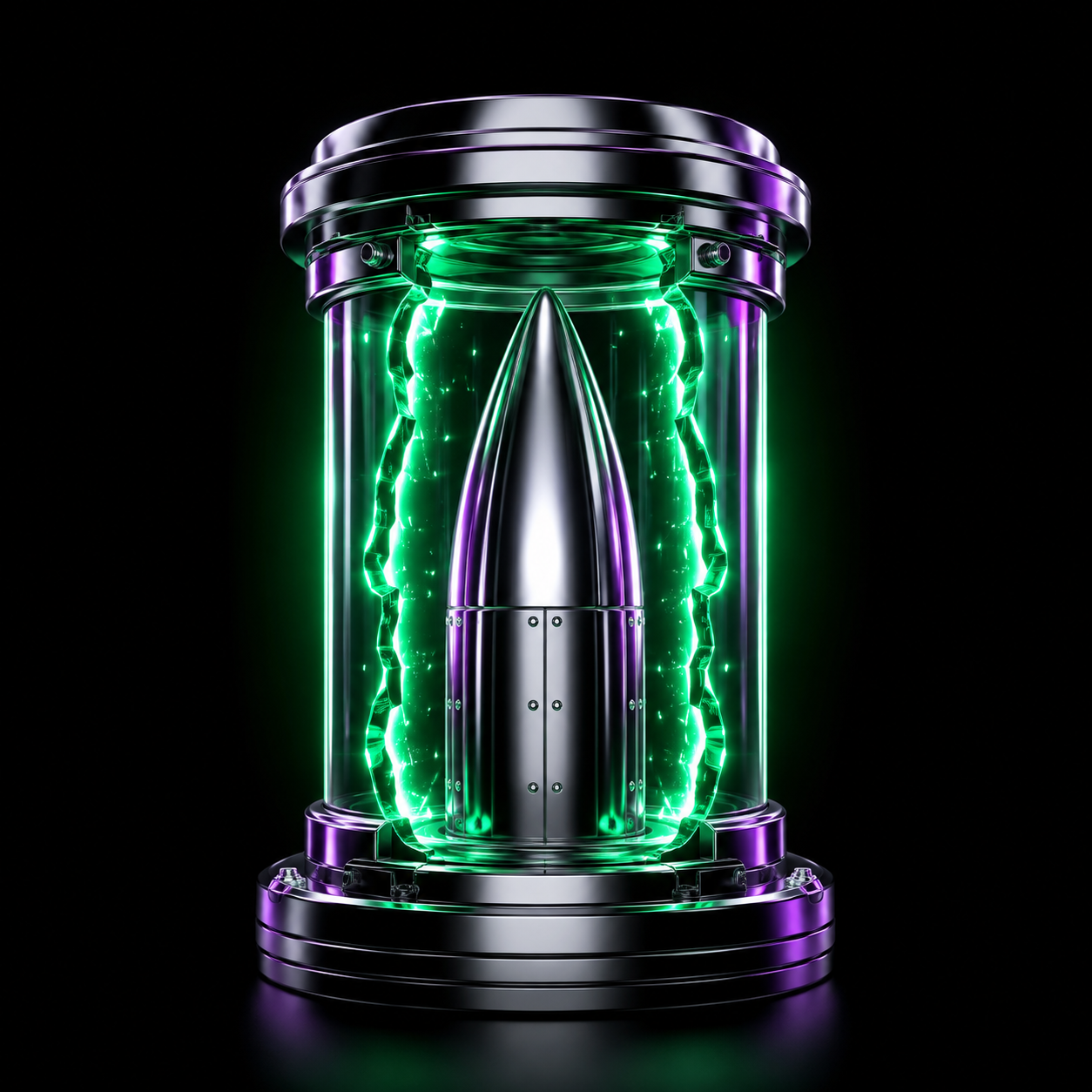 A chrome rocket nose cone sealed inside a bolted glass vault, green light pressing against the walls from inside, illustrating locked-up shares waiting to come free.