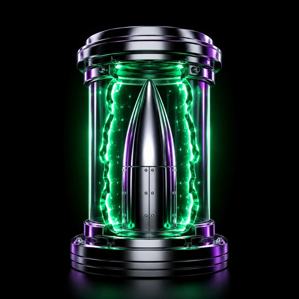 A chrome rocket nose cone sealed inside a bolted glass vault, green light pressing against the walls from inside, illustrating locked-up shares waiting to come free.