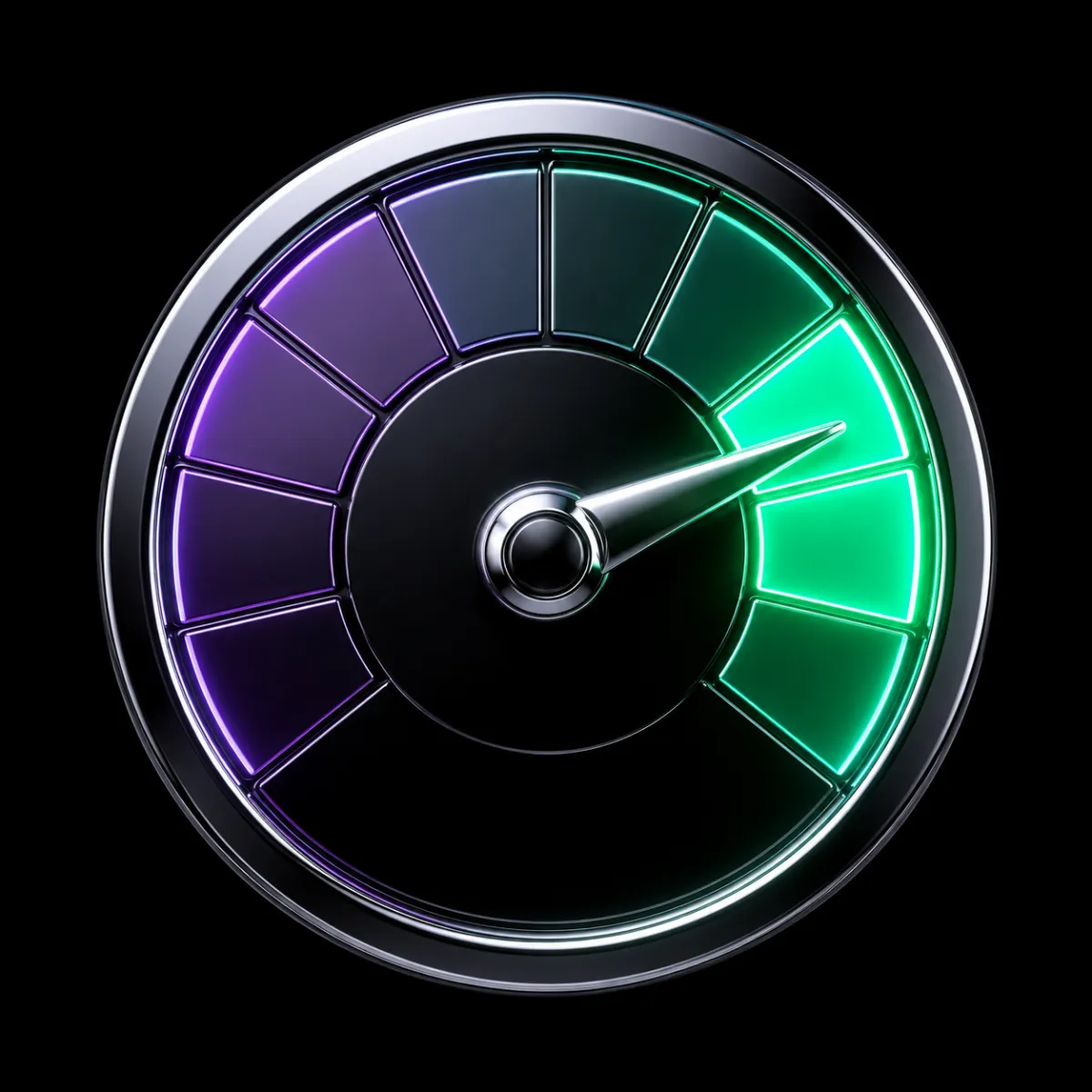 A glossy chrome dial of market segments with the indicator needle swung from a dimming violet segment to a brightening emerald one, illustrating the crowd's attention rotating between corners of the market.