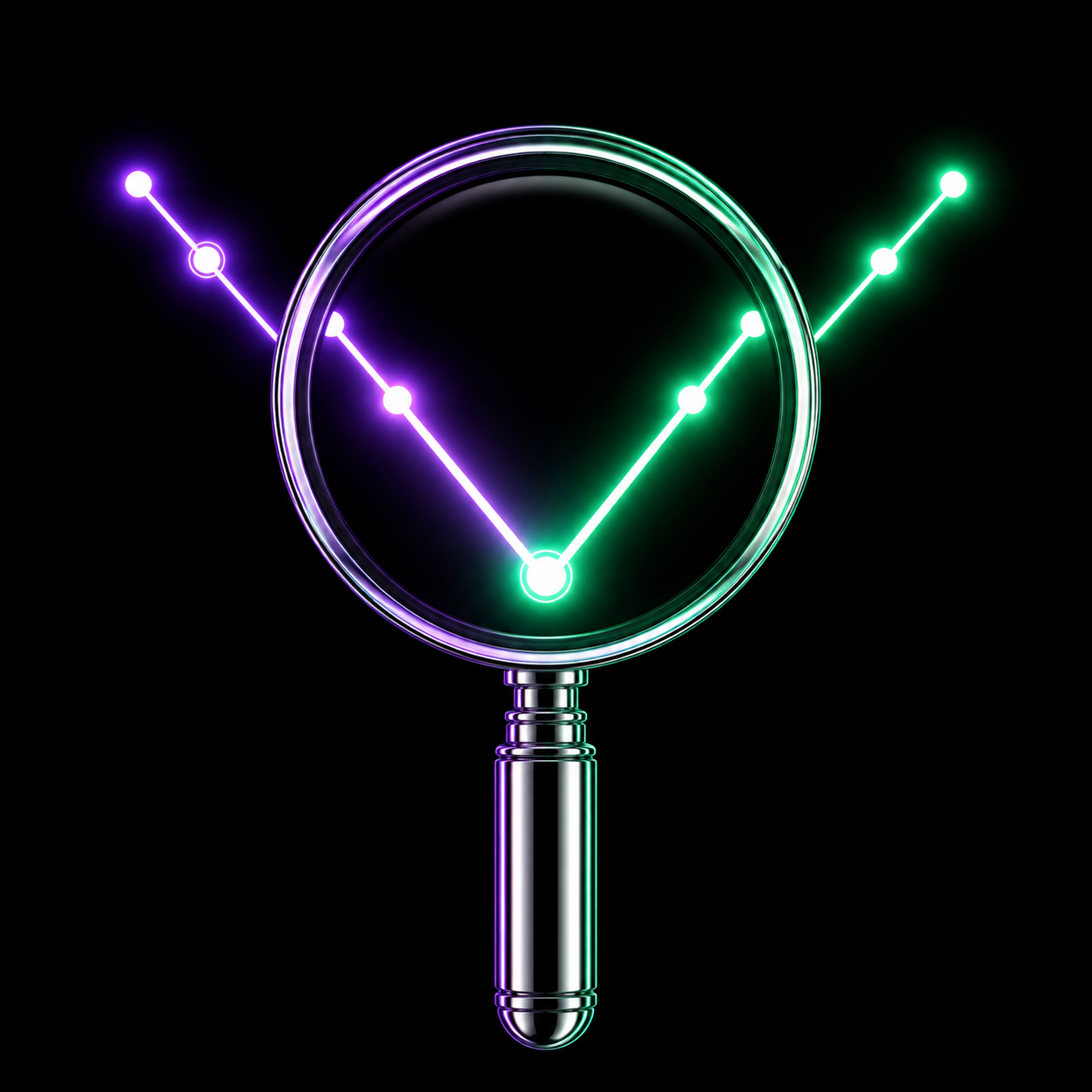 A glossy chrome magnifying glass held over a chart that falls into a deep valley and then climbs steeply out of it, examining the turn at the bottom.