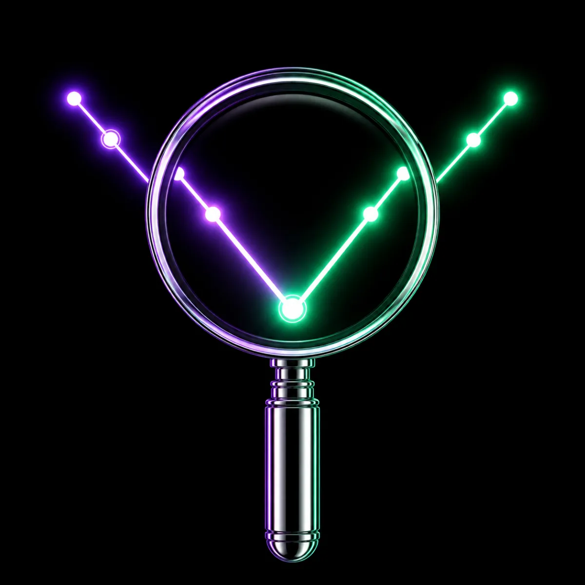 A glossy chrome magnifying glass held over a chart that falls into a deep valley and then climbs steeply out of it, examining the turn at the bottom.