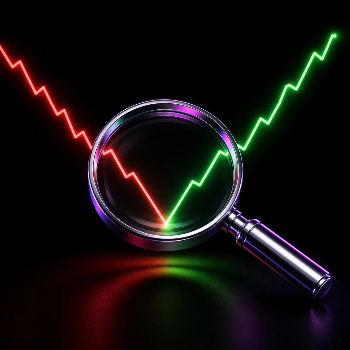 A glossy magnifying glass held over a chart that dips into a valley and then climbs steeply out of it, examining the turn at the bottom.