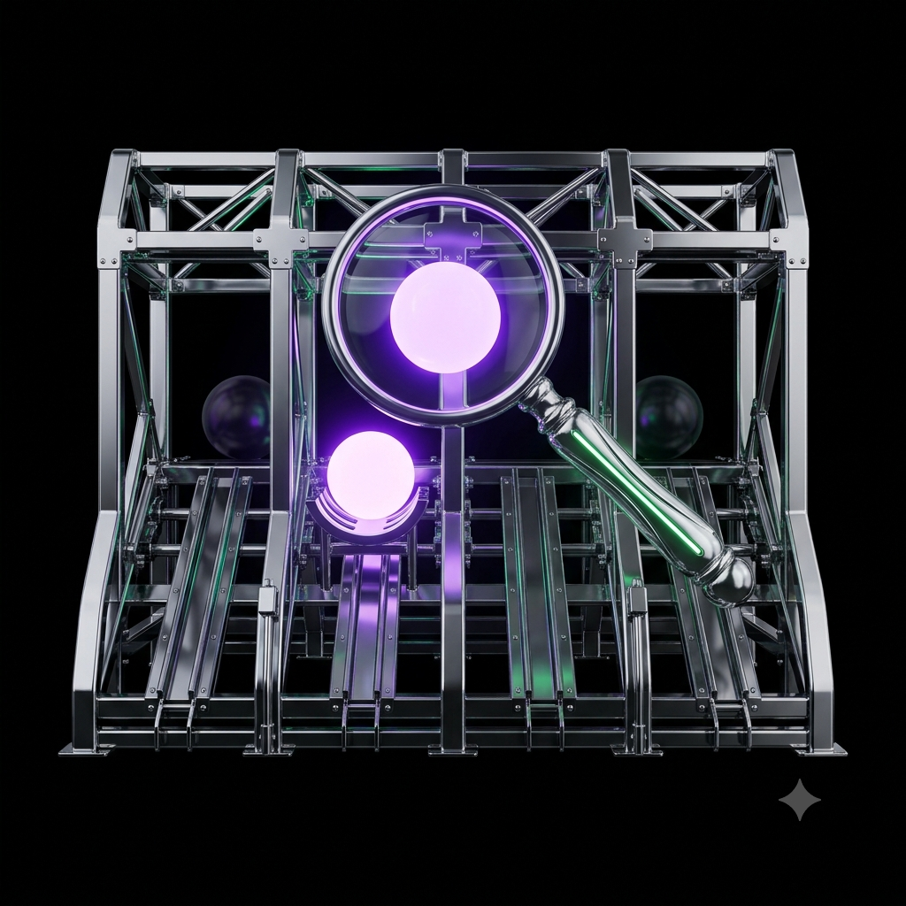 A glossy chrome magnifying glass hovering over a single glowing candlestick pulled out of a row, examining one stock's sharp move in isolation.