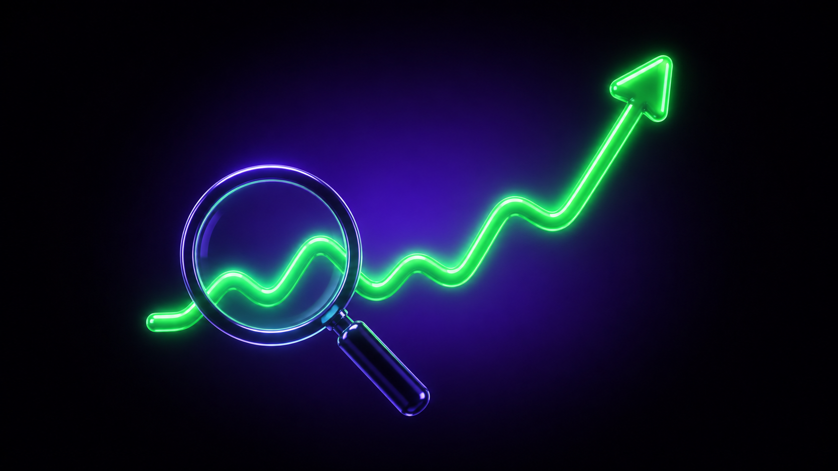 A glossy magnifying glass held over a rising-then-falling candlestick chart, examining a single highlighted candle, illustrating a post-mortem of one market signal.