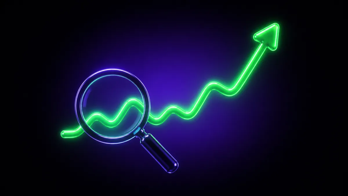 A glossy magnifying glass held over a rising-then-falling candlestick chart, examining a single highlighted candle, illustrating a post-mortem of one market signal.