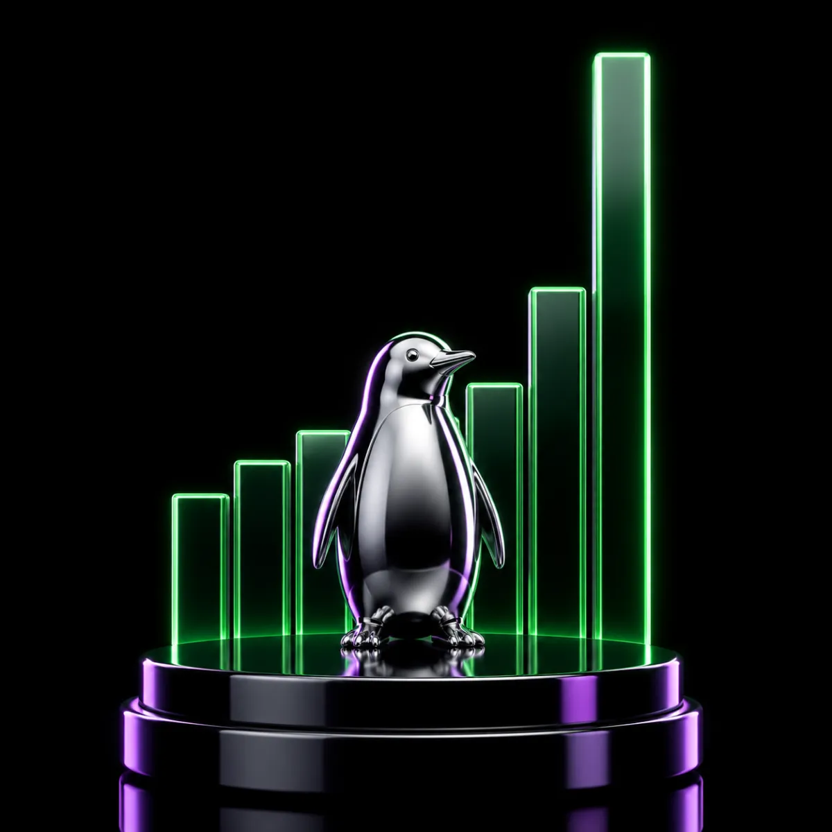 A glossy chrome penguin figurine in front of a rising neon bar chart whose last bar spikes upward, illustrating a quiet name's sudden jump.
