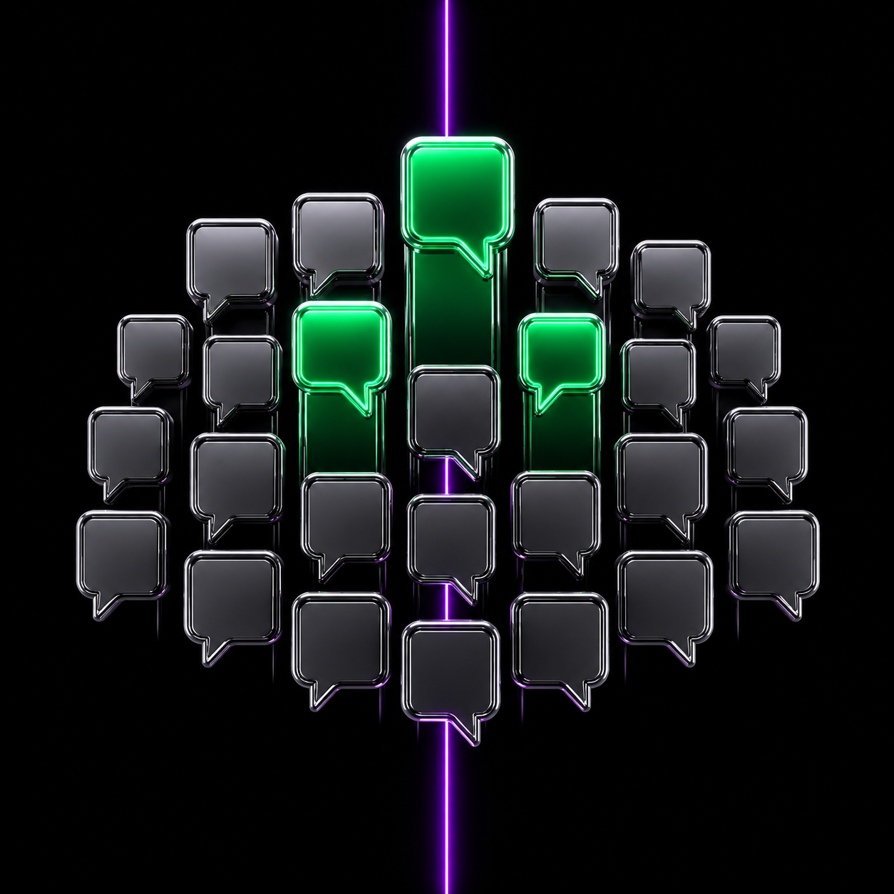 A cluster of glossy chrome speech-bubble tiles on black, most of them dim and grey, a few glowing emerald-green and standing taller, with a thin neon line rising through them.