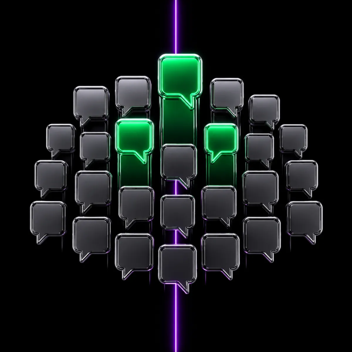 A cluster of glossy chrome speech-bubble tiles on black, most of them dim and grey, a few glowing emerald-green and standing taller, with a thin neon line rising through them.