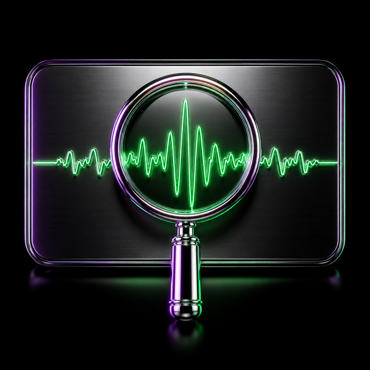 A glossy chrome magnifying glass examining a glowing green signal waveform etched into a brushed metal plate, illustrating a close look at one stock's signal.