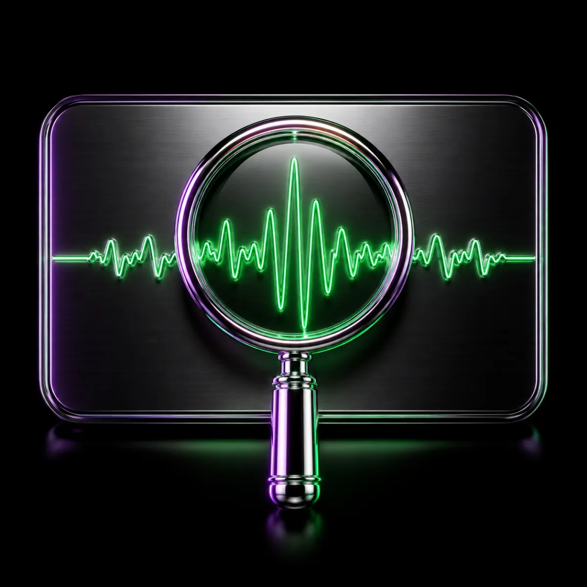 A glossy chrome magnifying glass examining a glowing green signal waveform etched into a brushed metal plate, illustrating a close look at one stock's signal.