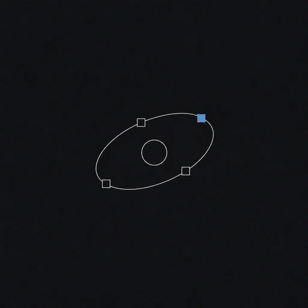A thin hairline orbit ellipse around a small outlined planet, with four small squares placed along the orbit and one of them filled slate blue.