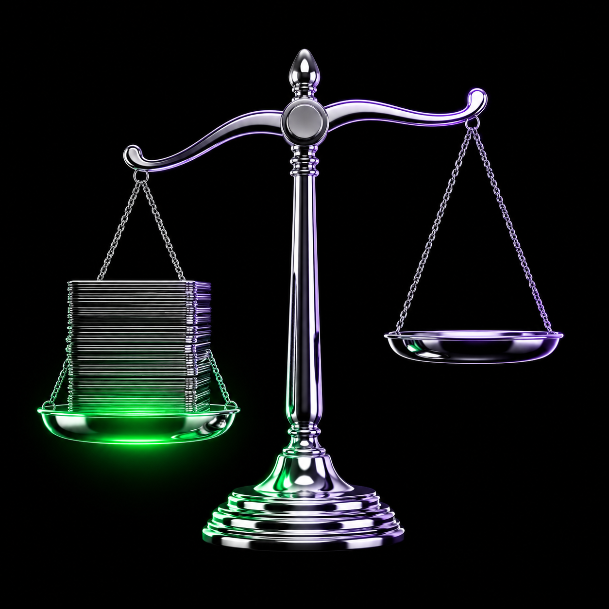 A glossy chrome scale tipping under a stack of metallic share certificates, green light breaking through beneath the heavier side, illustrating a market absorbing a share unlock.