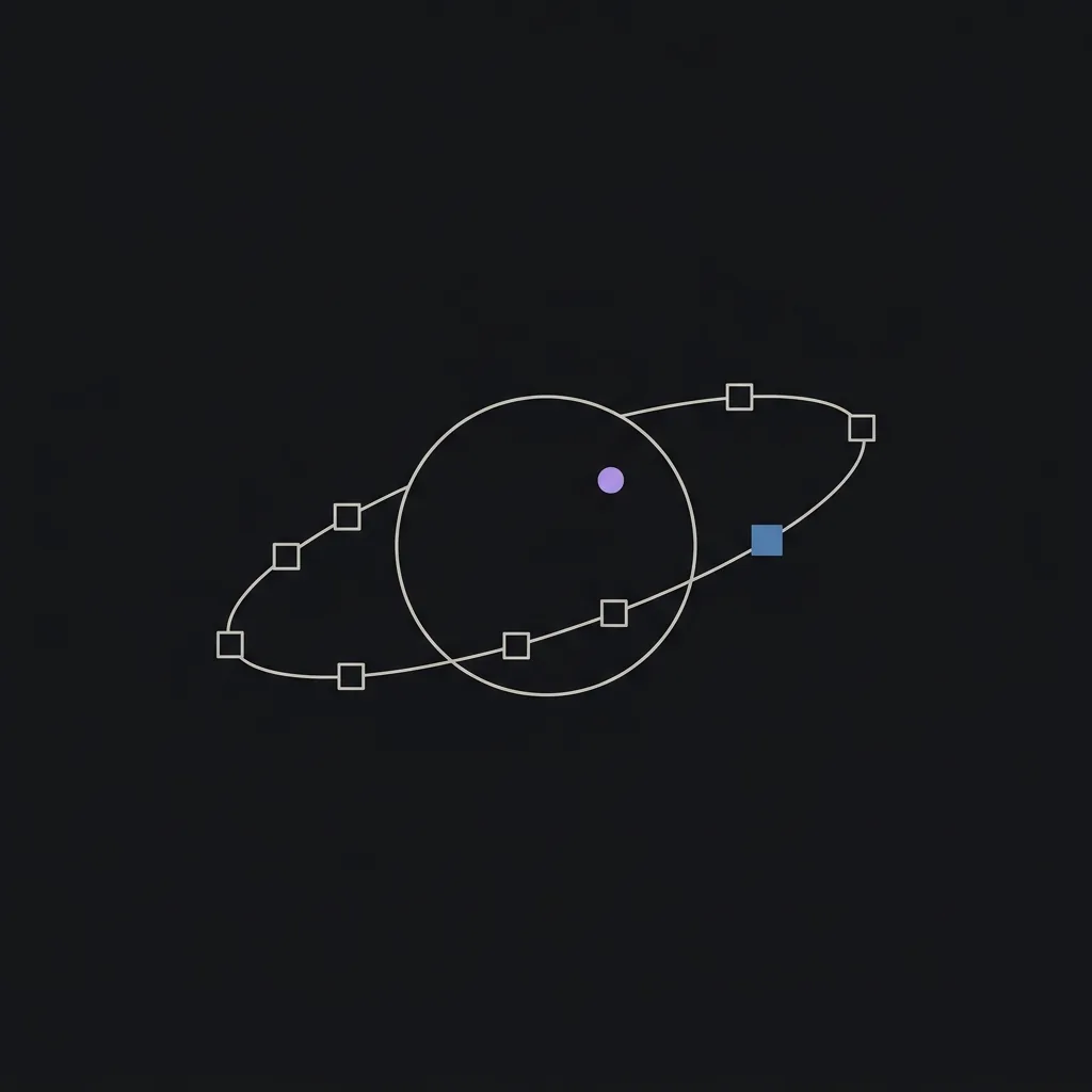 A hairline-outlined planet ringed by a thin elliptical orbit carrying small outlined squares like satellites, one of them filled flat slate blue, with a tiny lavender dot on the planet.