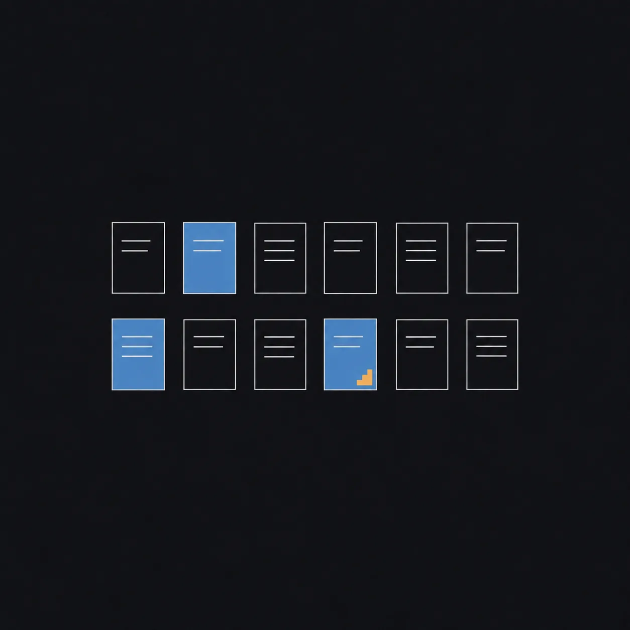 Twelve small upright note cards in two rows on a dark charcoal background, drawn as hairline outlines, three of them filled flat slate blue and one of those carrying a small amber step.