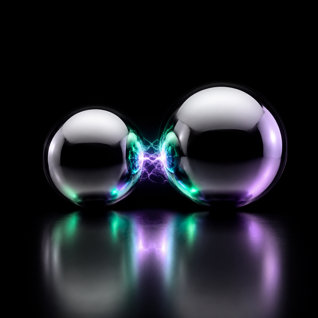 Two glossy chrome spheres of slightly different sizes resting on a reflective black surface just before they touch, a faint charge of emerald-green and violet light building in the gap between them, illustrating two big names about to collide with their earnings prints.
