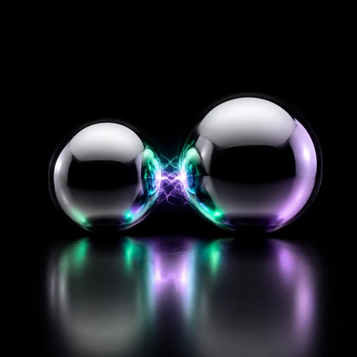 Two glossy chrome spheres of slightly different sizes resting on a reflective black surface just before they touch, a faint charge of emerald-green and violet light building in the gap between them, illustrating two big names about to collide with their earnings prints.