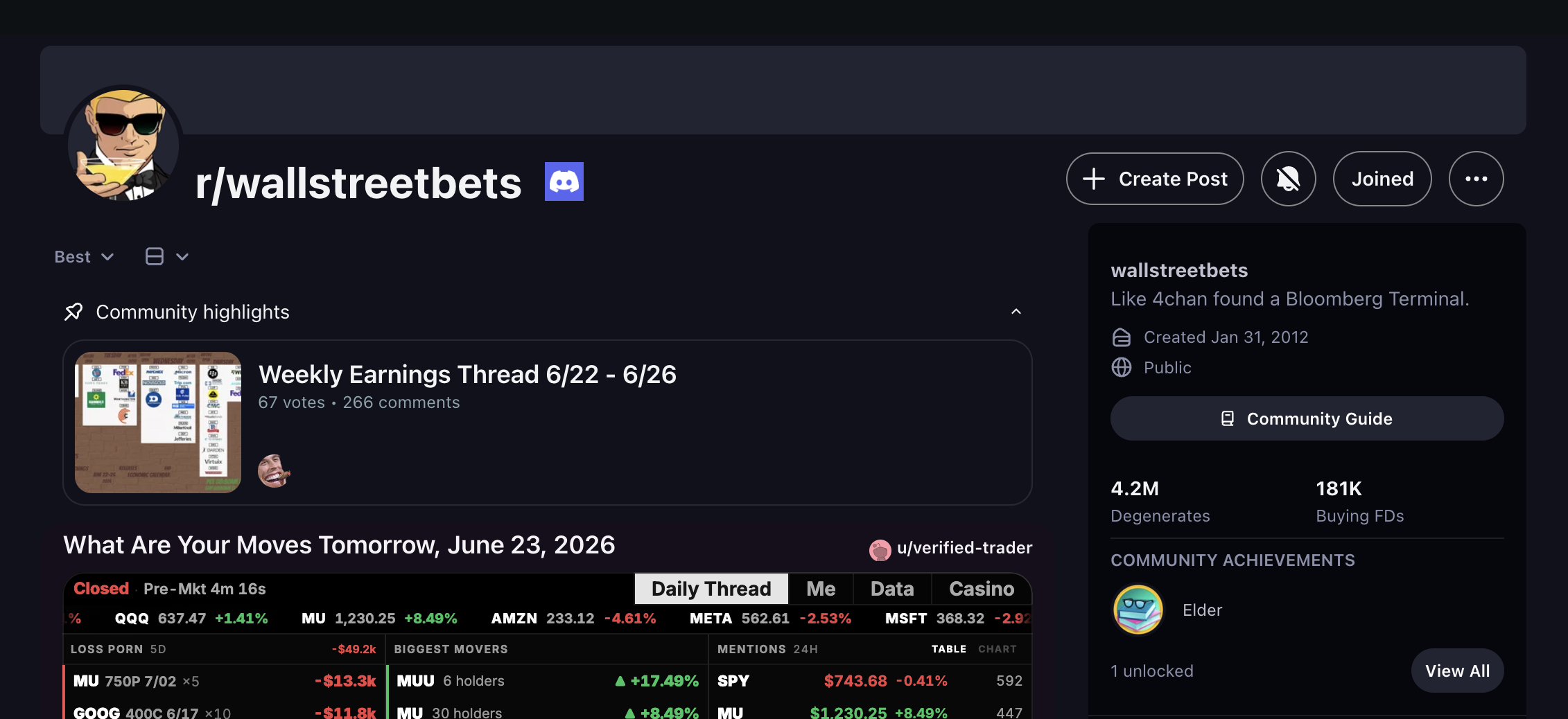 The r/wallstreetbets subreddit on Reddit: 4.2 million members, the tagline "Like 4chan found a Bloomberg Terminal," and the daily "What Are Your Moves Tomorrow" discussion thread.