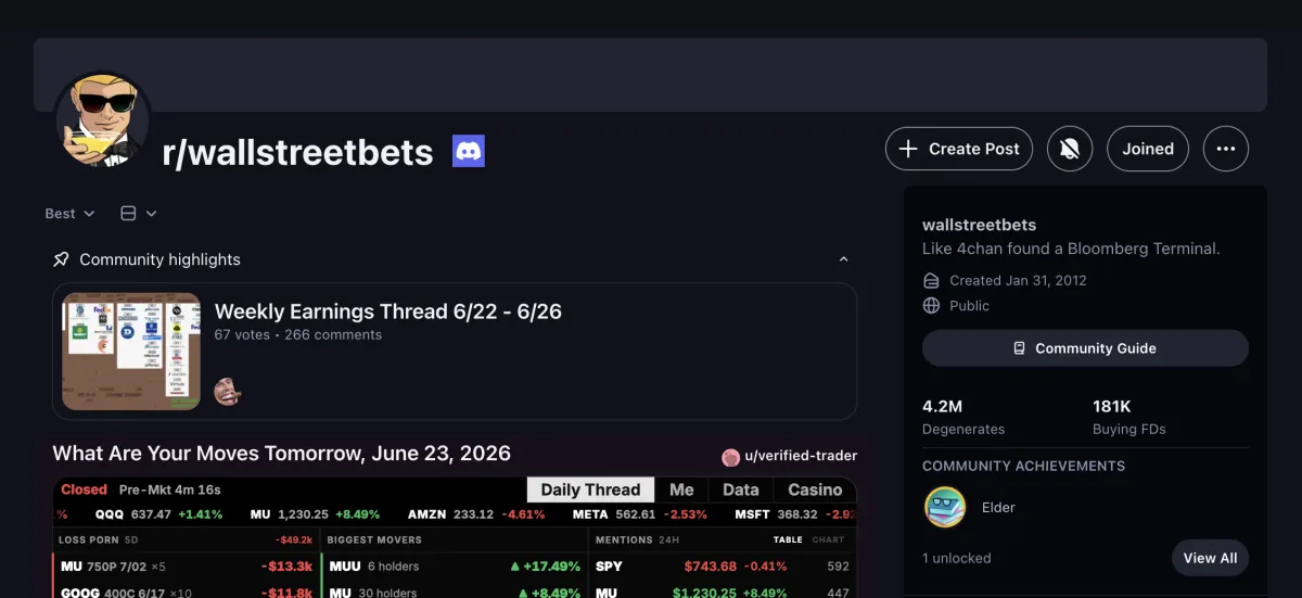 The r/wallstreetbets subreddit on Reddit: 4.2 million members, the tagline "Like 4chan found a Bloomberg Terminal," and the daily "What Are Your Moves Tomorrow" discussion thread.