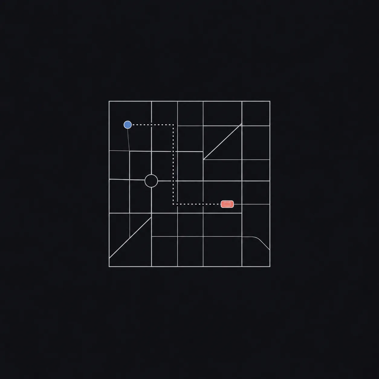 A thin hairline street grid inside a square frame on a dark background, with a dotted route running from a small slate blue pickup pin to a small coral car seen from above.